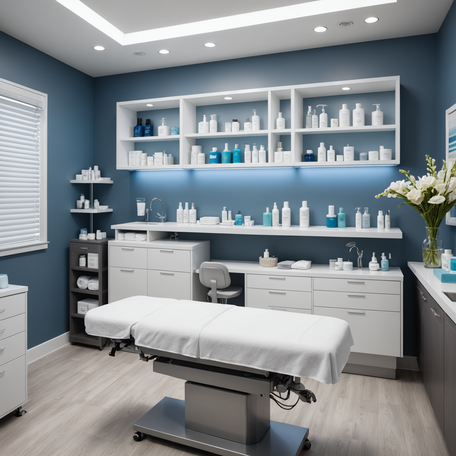 A serene cosmetic clinic treatment room with esthetician hands preparing skincare textures on a sterile tray.