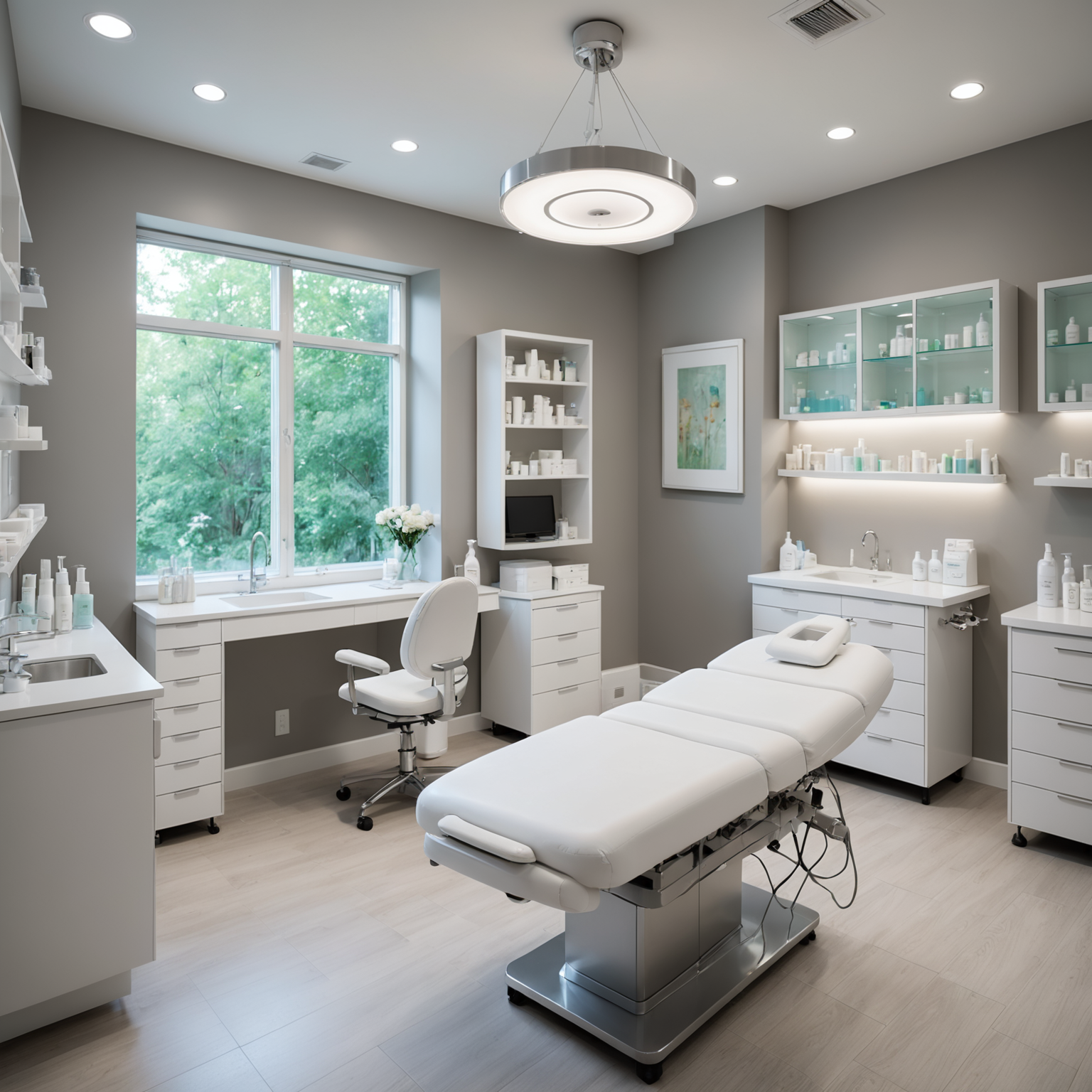 A serene cosmetic clinic treatment room with an esthetician's hands preparing syringes and sterile tools.