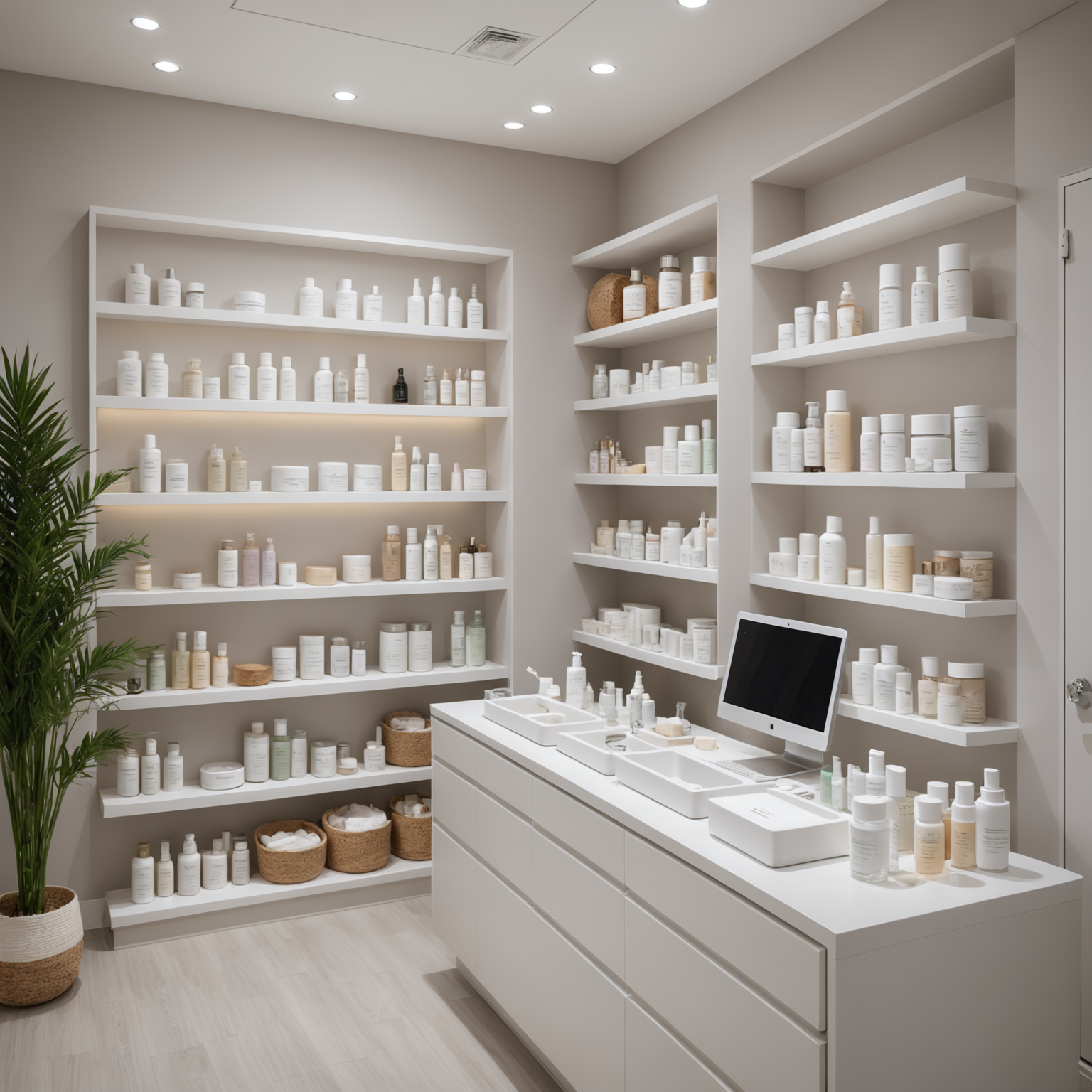 A serene skincare treatment room with soft lighting and neatly organized skincare products.