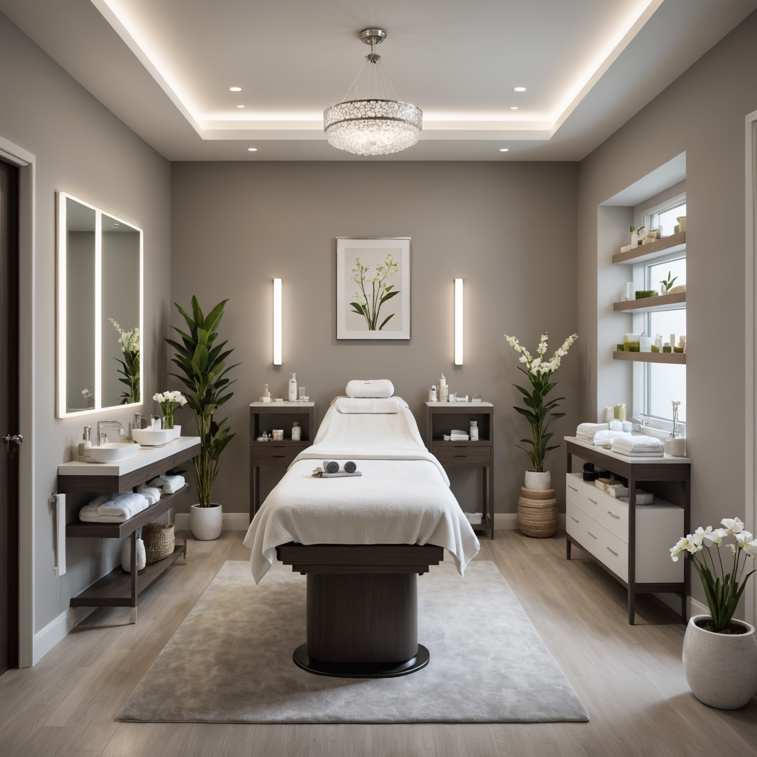 A serene spa interior with an esthetician preparing chemical peel treatments in a treatment room.