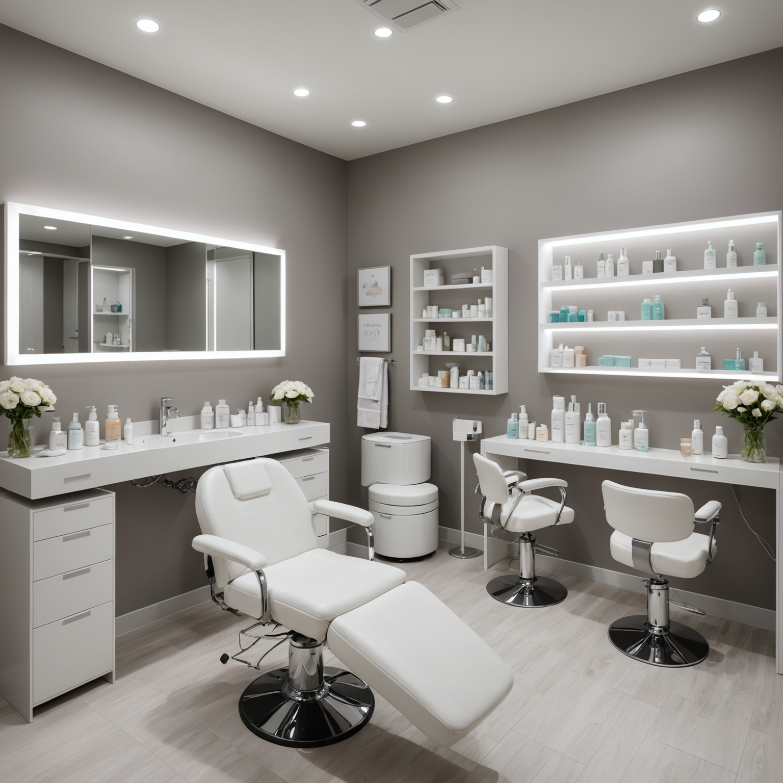 A cosmetic treatment room with skincare products and sterile tools, emphasizing a serene and professional environment.
