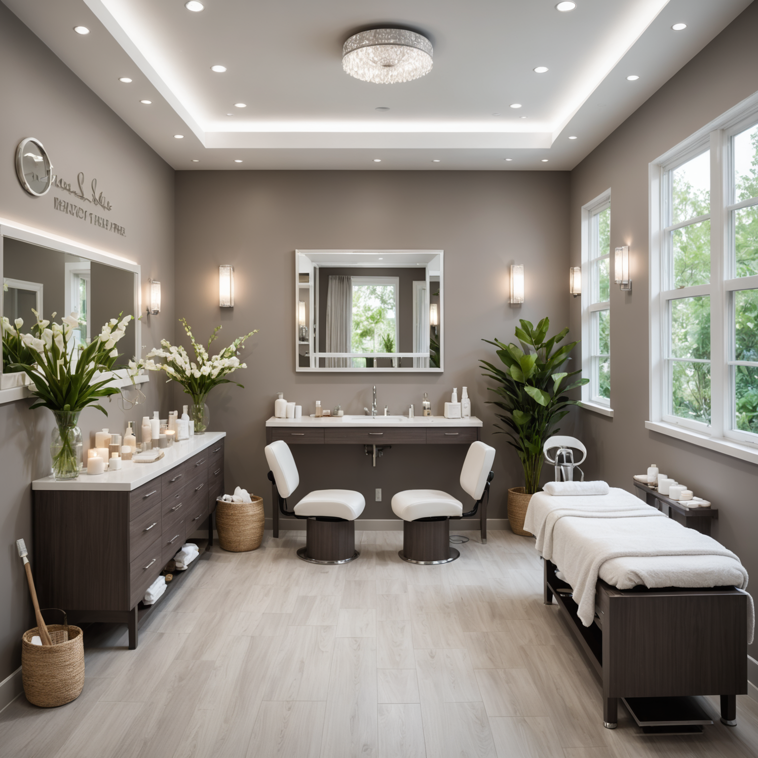 A serene spa interior with an esthetician preparing tools for a chemical peel treatment.