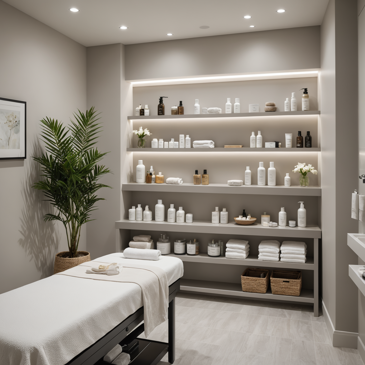 A spa interior showcasing a serene treatment room with skincare products and sterile tools arranged neatly.