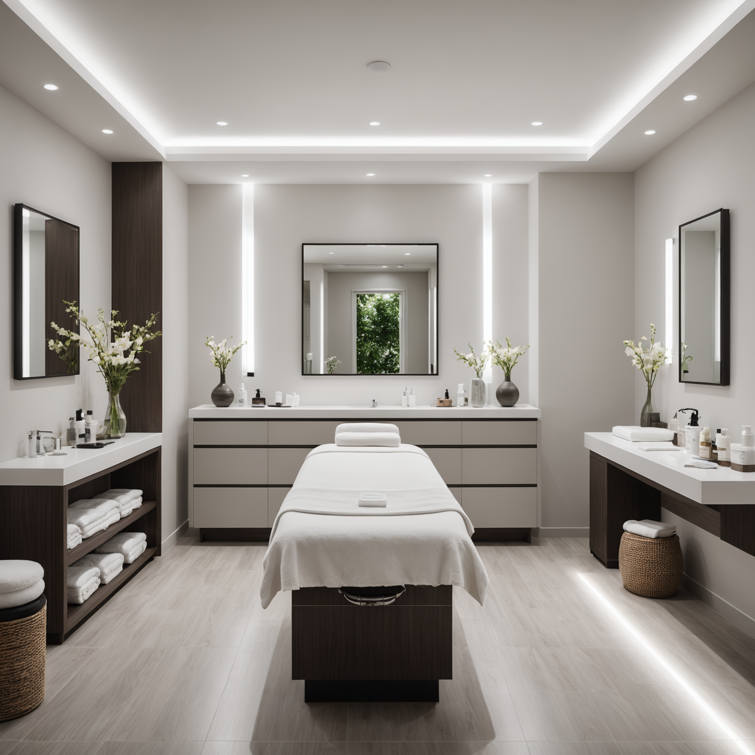 A serene spa interior showcasing a treatment room with skincare textures and sterile tools.
