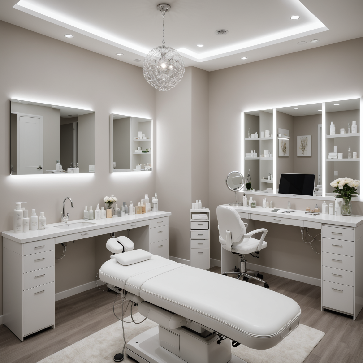 A serene cosmetic clinic treatment room with an esthetician's hands preparing skincare textures and sterile tools