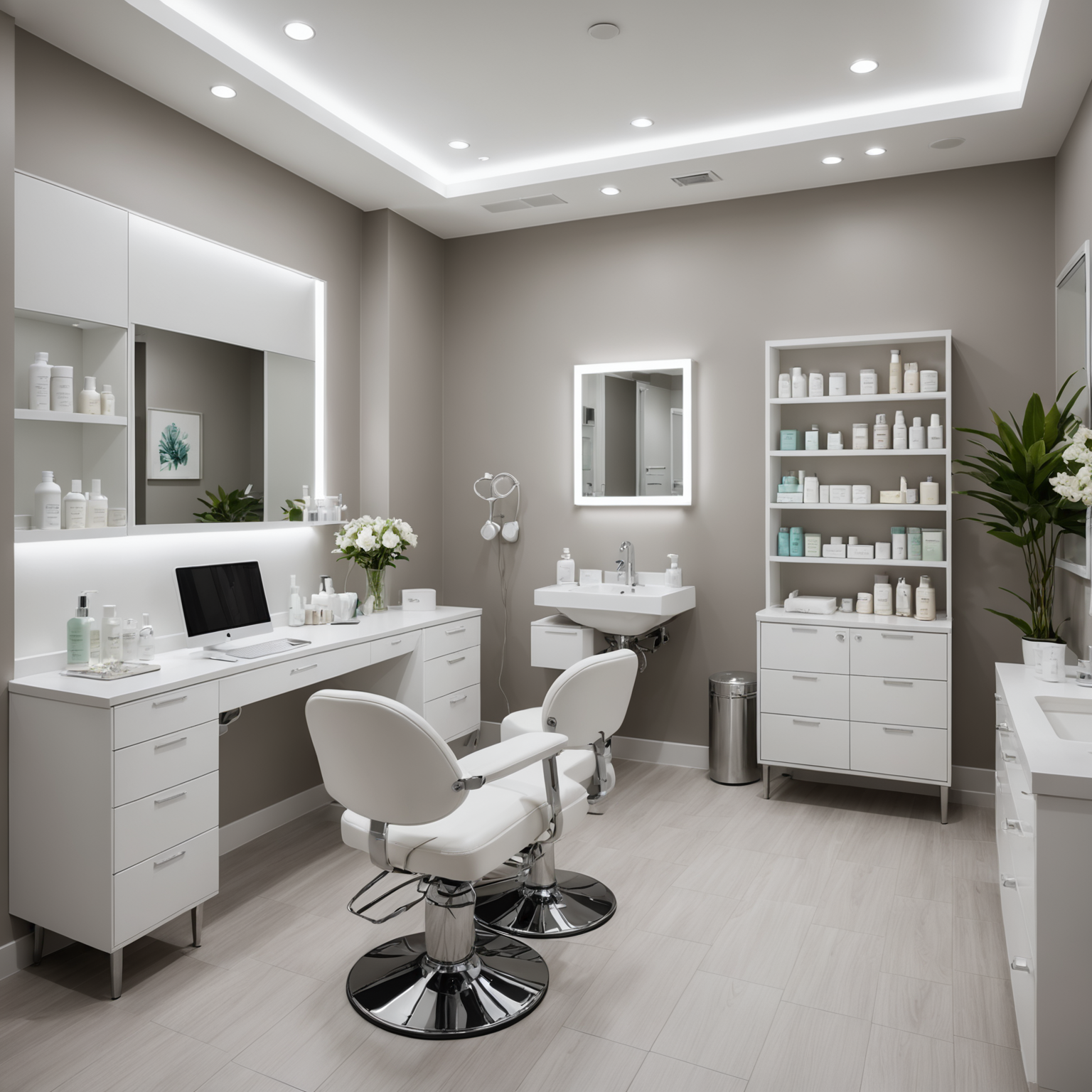 A serene cosmetic-clinic treatment room showcasing skincare textures and sterile tools.