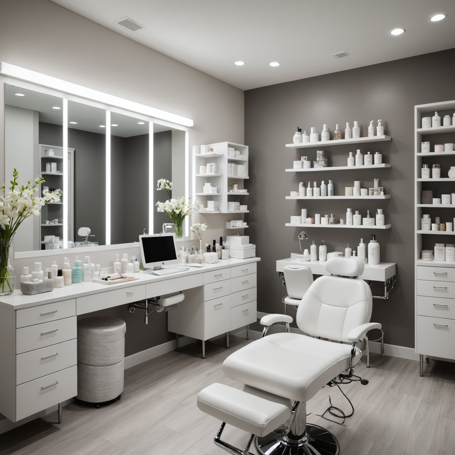 A serene cosmetic treatment room with esthetician tools and skincare products