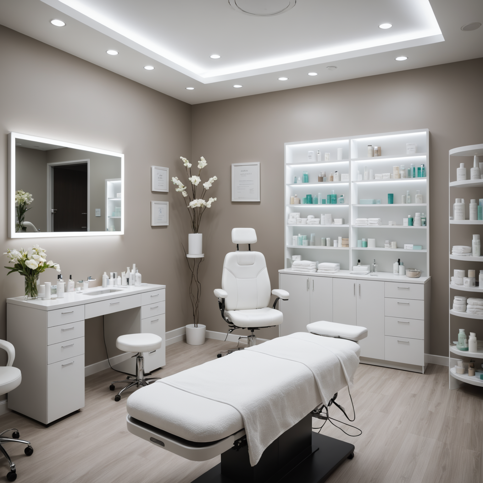 A serene cosmetic clinic treatment room with esthetician hands preparing PDO threads