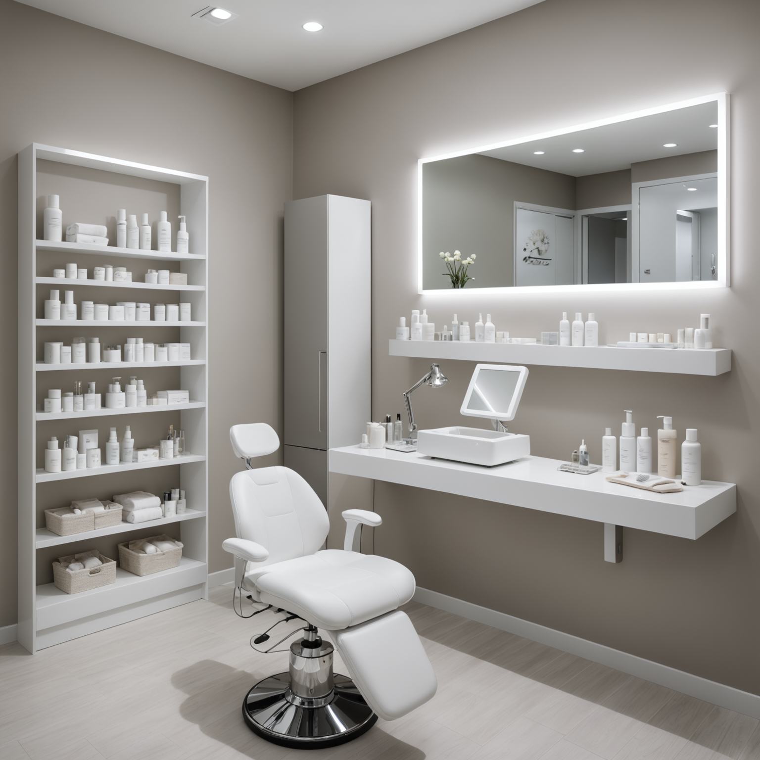 A serene cosmetic clinic treatment room with an esthetician's hands preparing tools