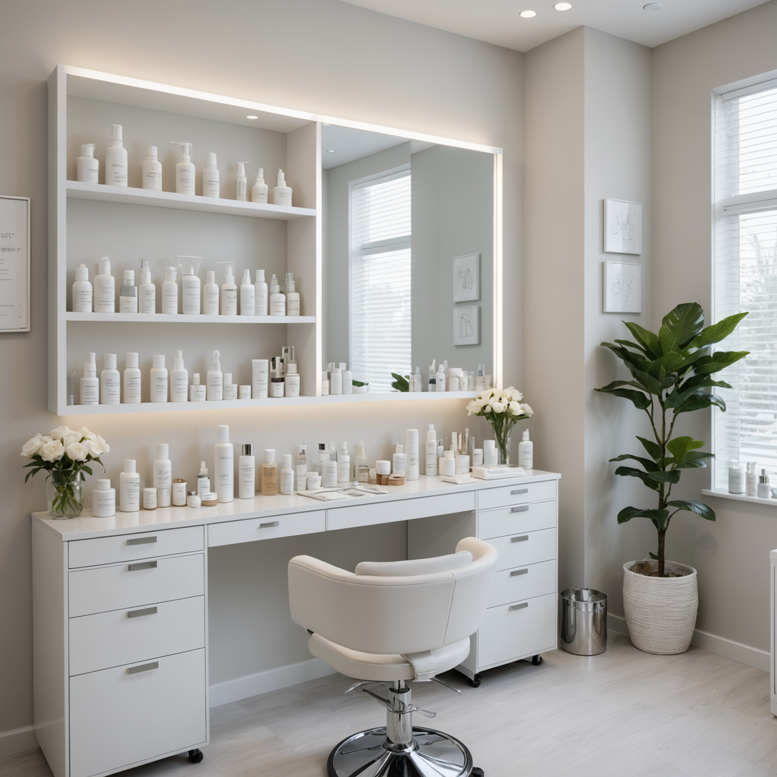 A serene cosmetic clinic treatment room showcasing an esthetician's hands preparing sterile tools alongside skincare textures.