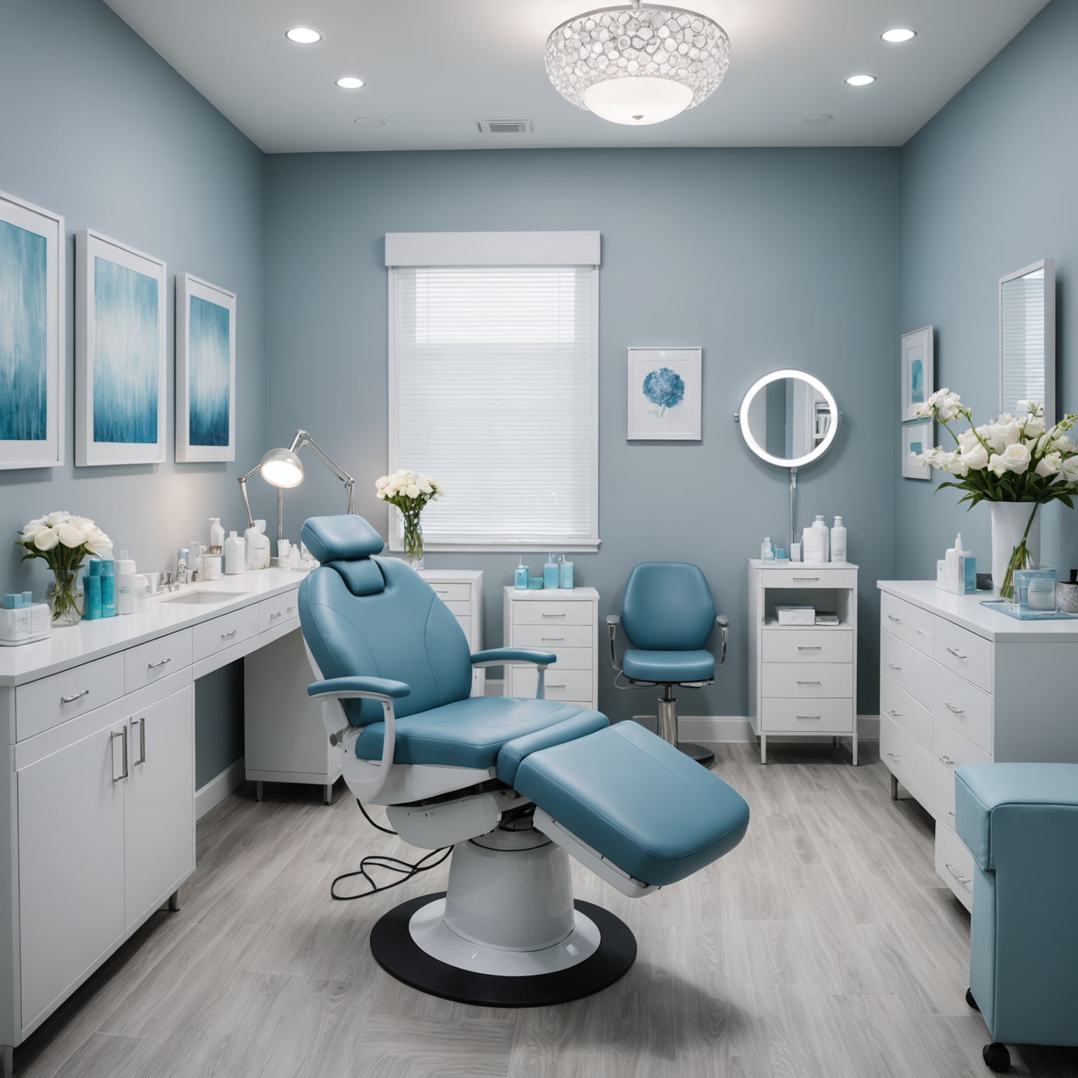 A serene cosmetic clinic treatment room with a professional esthetician preparing for a Radiesse injection.