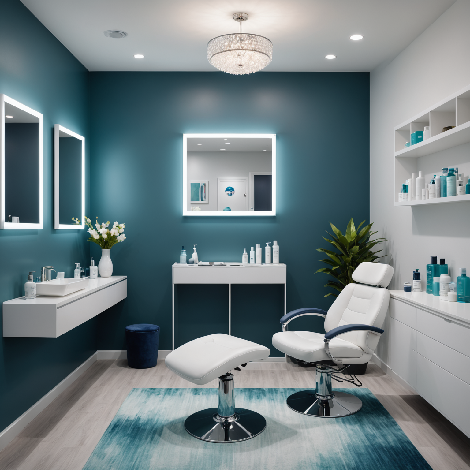 Description of a cosmetic-clinic visual, such as a treatment room or esthetician hands