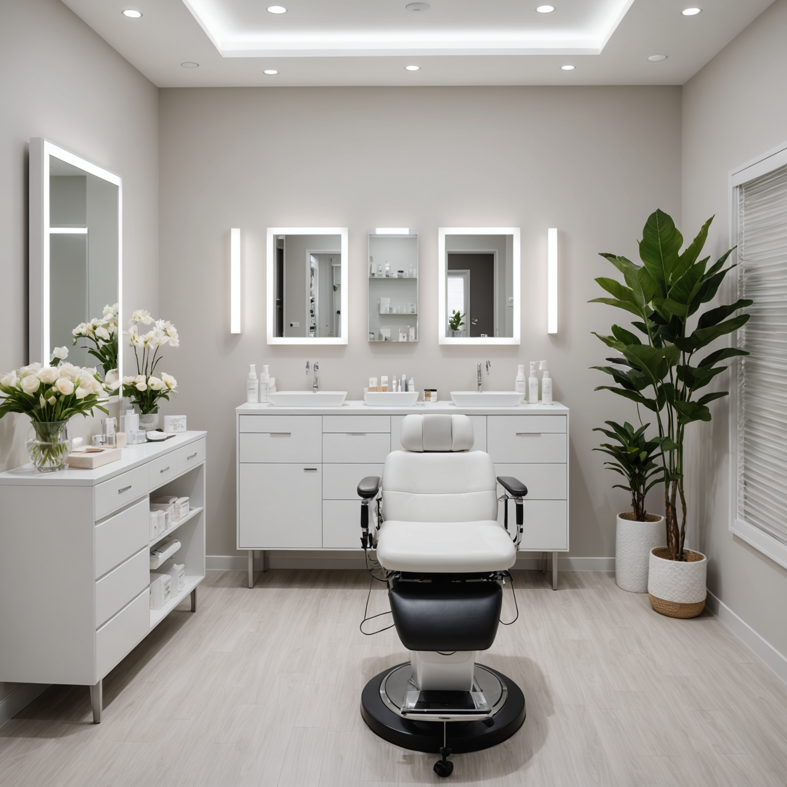 A serene cosmetic-clinic treatment room with aesthetician tools and skincare products