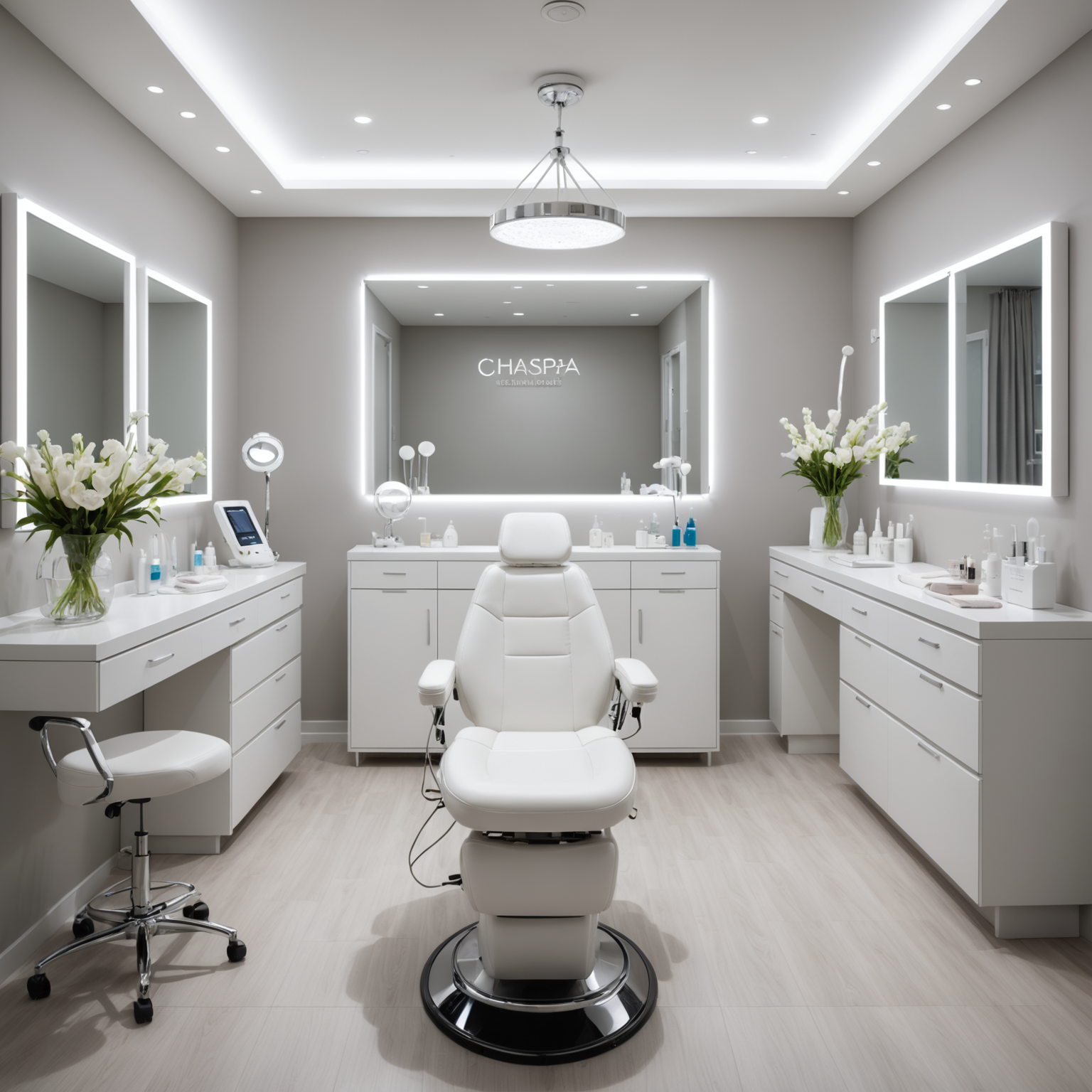 A serene cosmetic clinic treatment room with esthetician hands preparing sterile tools for a non surgical procedure.