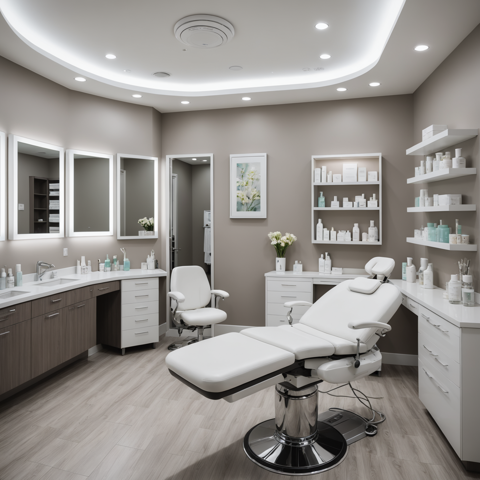 A serene cosmetic clinic treatment room with an esthetician preparing sterile tools for a procedure.