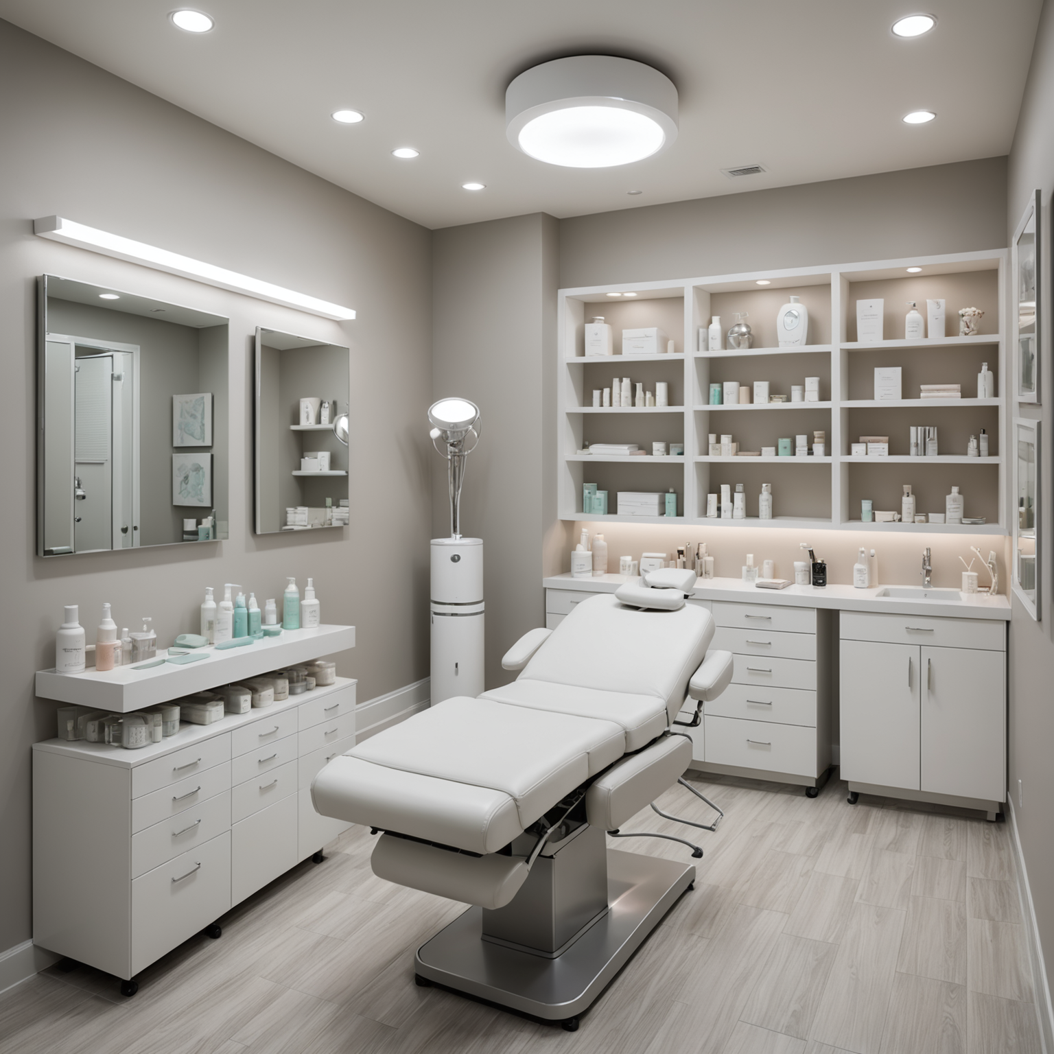 A serene cosmetic clinic treatment room with esthetician tools neatly arranged