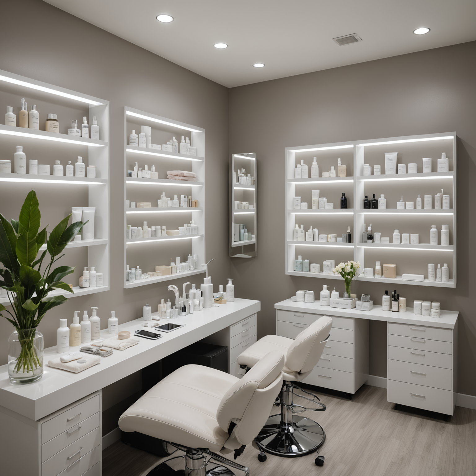 A serene cosmetic clinic treatment room with an esthetician's hands preparing skincare tools
