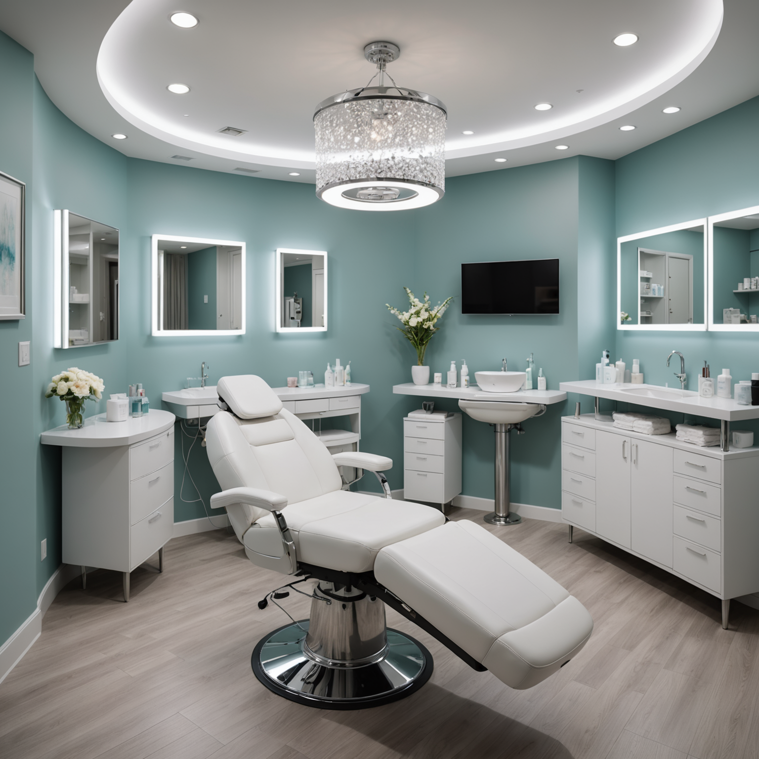 A well-appointed cosmetic clinic room with soft lighting and esthetician tools