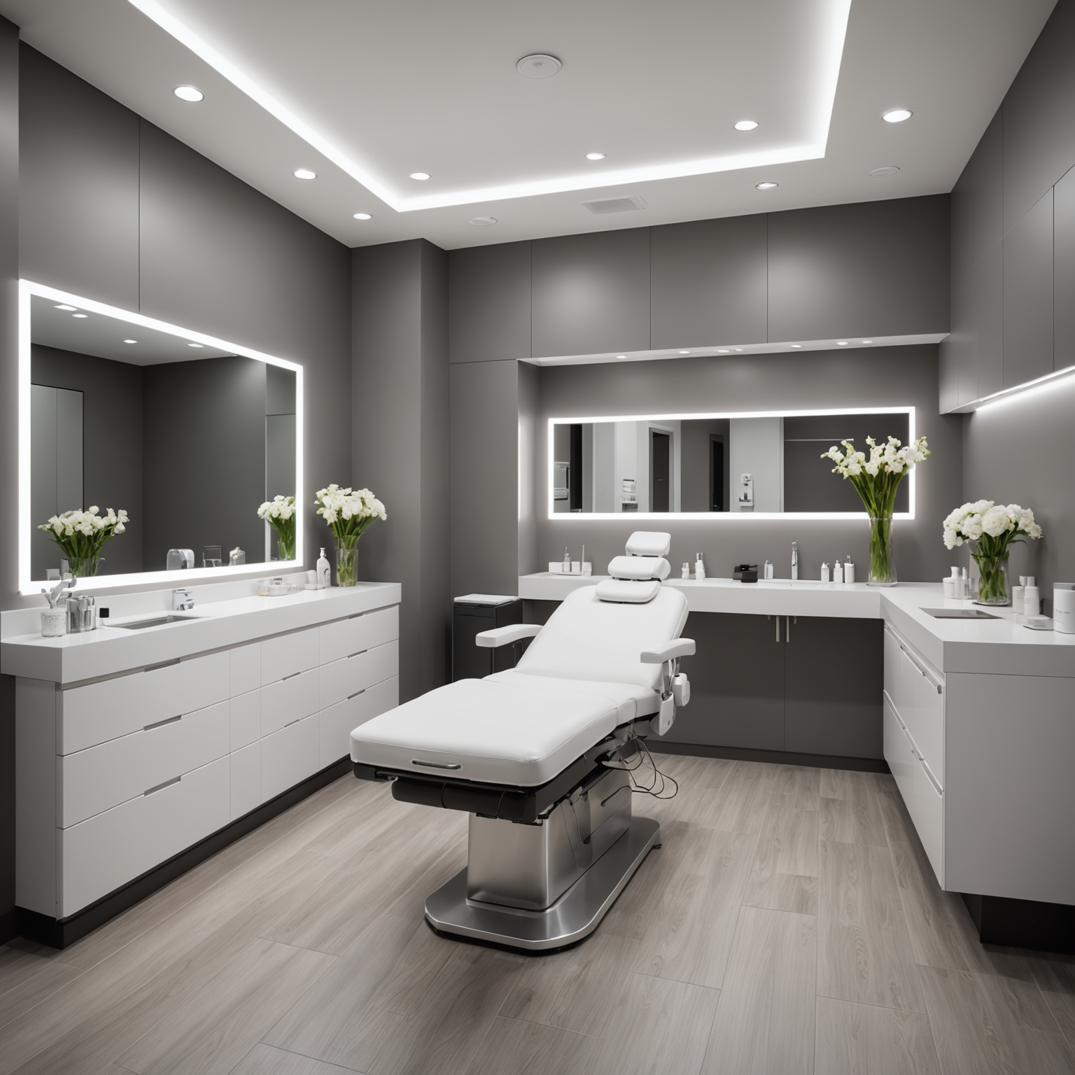 A modern cosmetic clinic treatment room with aesthetician tools
