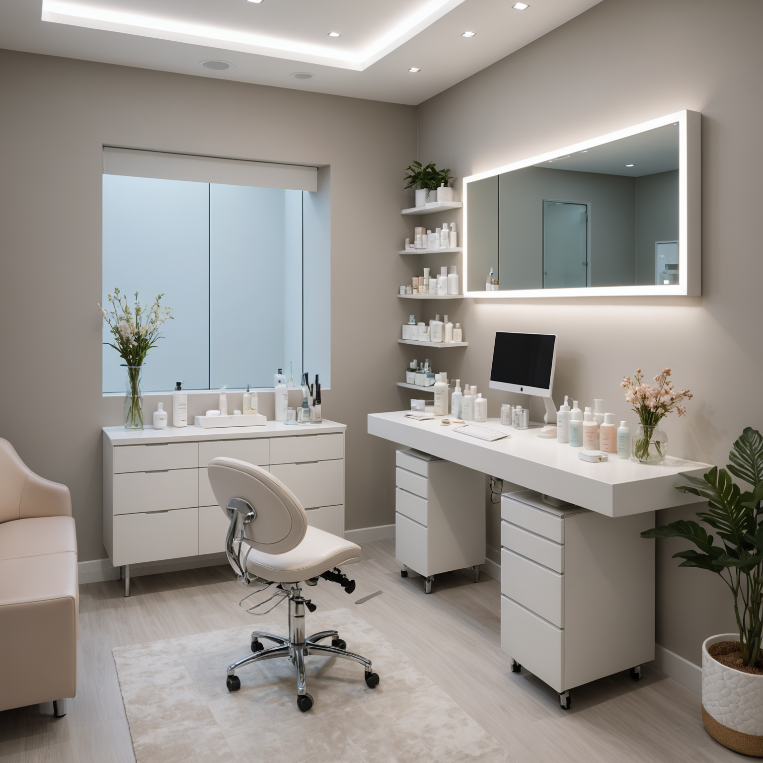 A serene cosmetic clinic with a treatment room, showcasing sterile tools and skincare textures