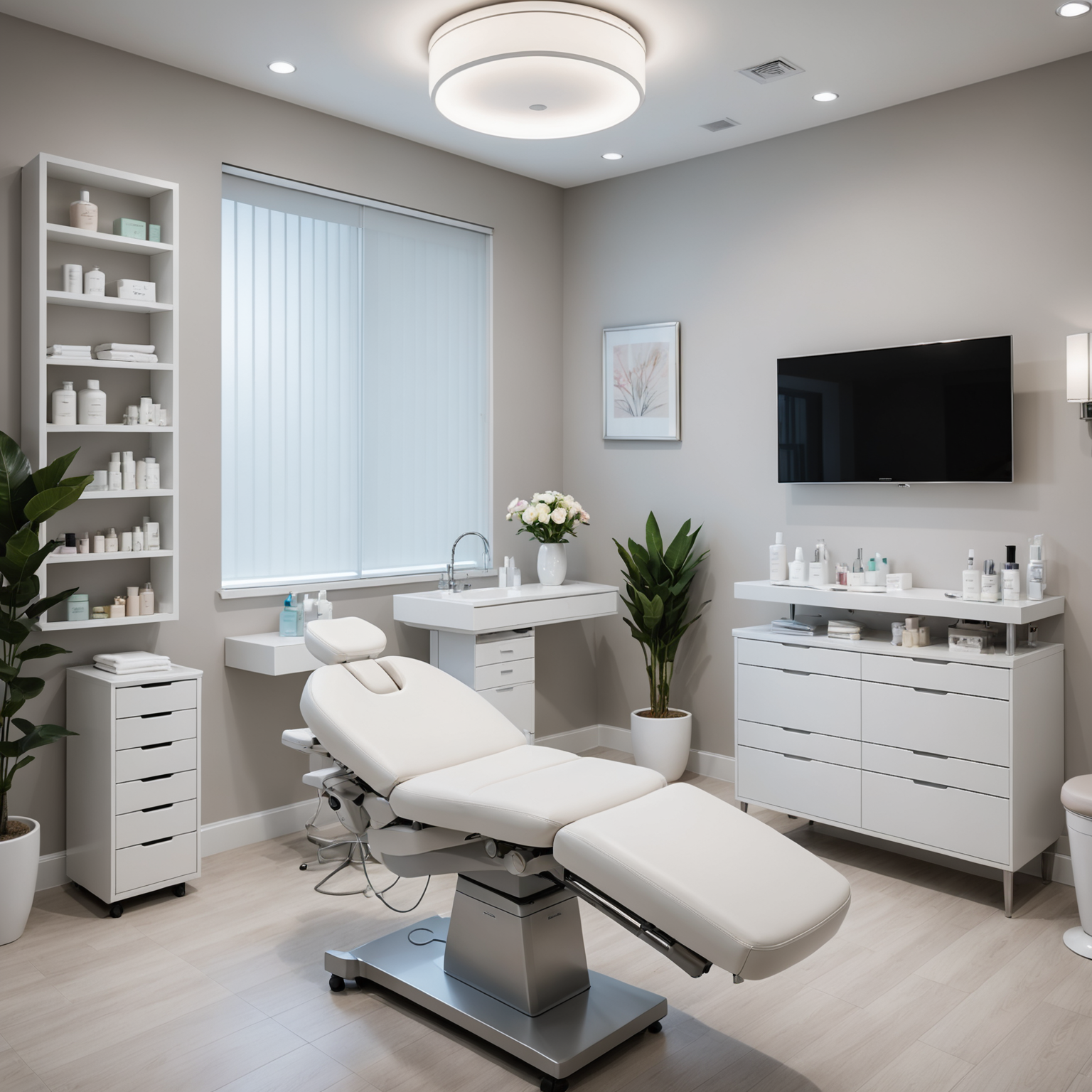 A serene cosmetic clinic treatment room with an esthetician's hands preparing for a Thermage session