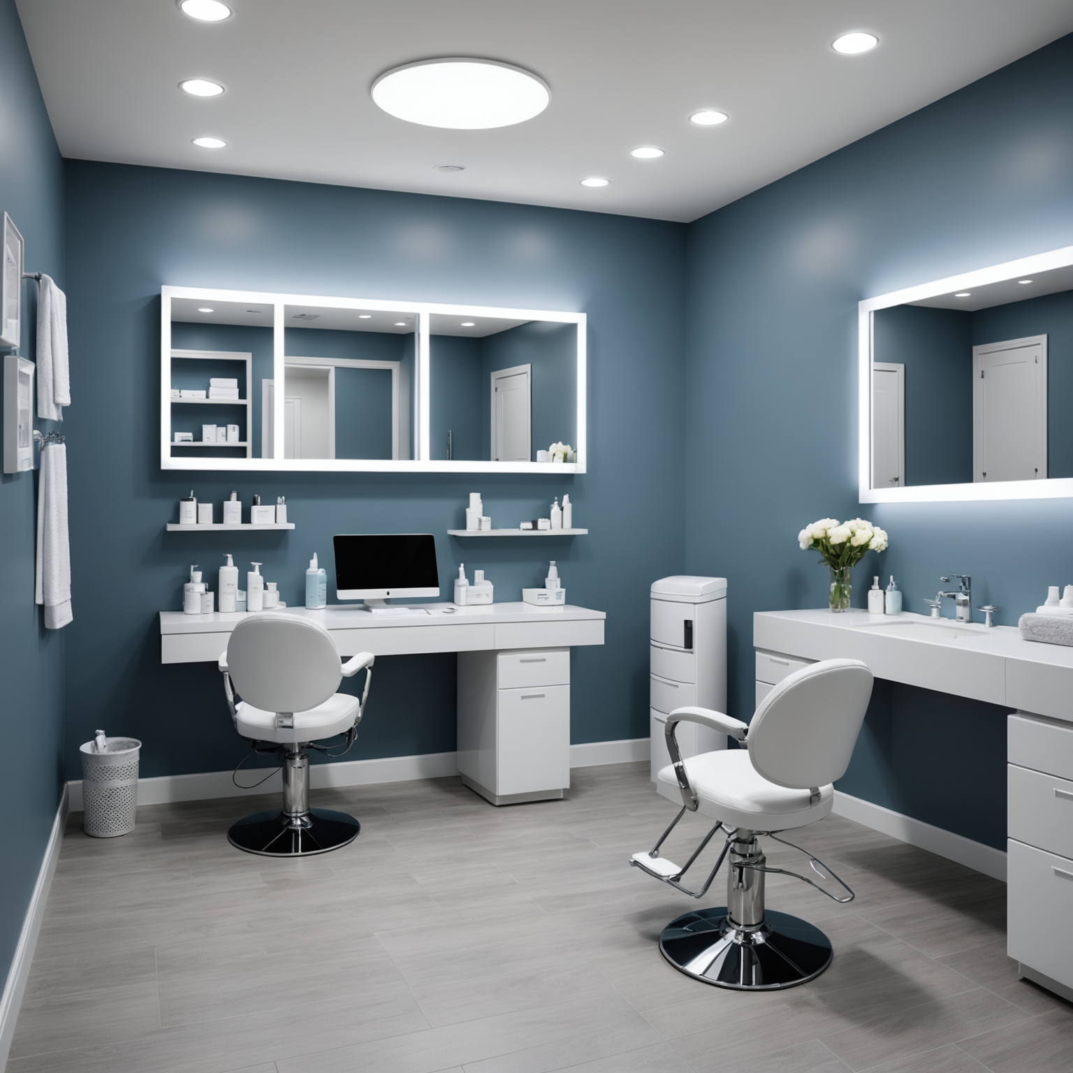 A serene cosmetic clinic treatment room featuring esthetician tools and skincare textures