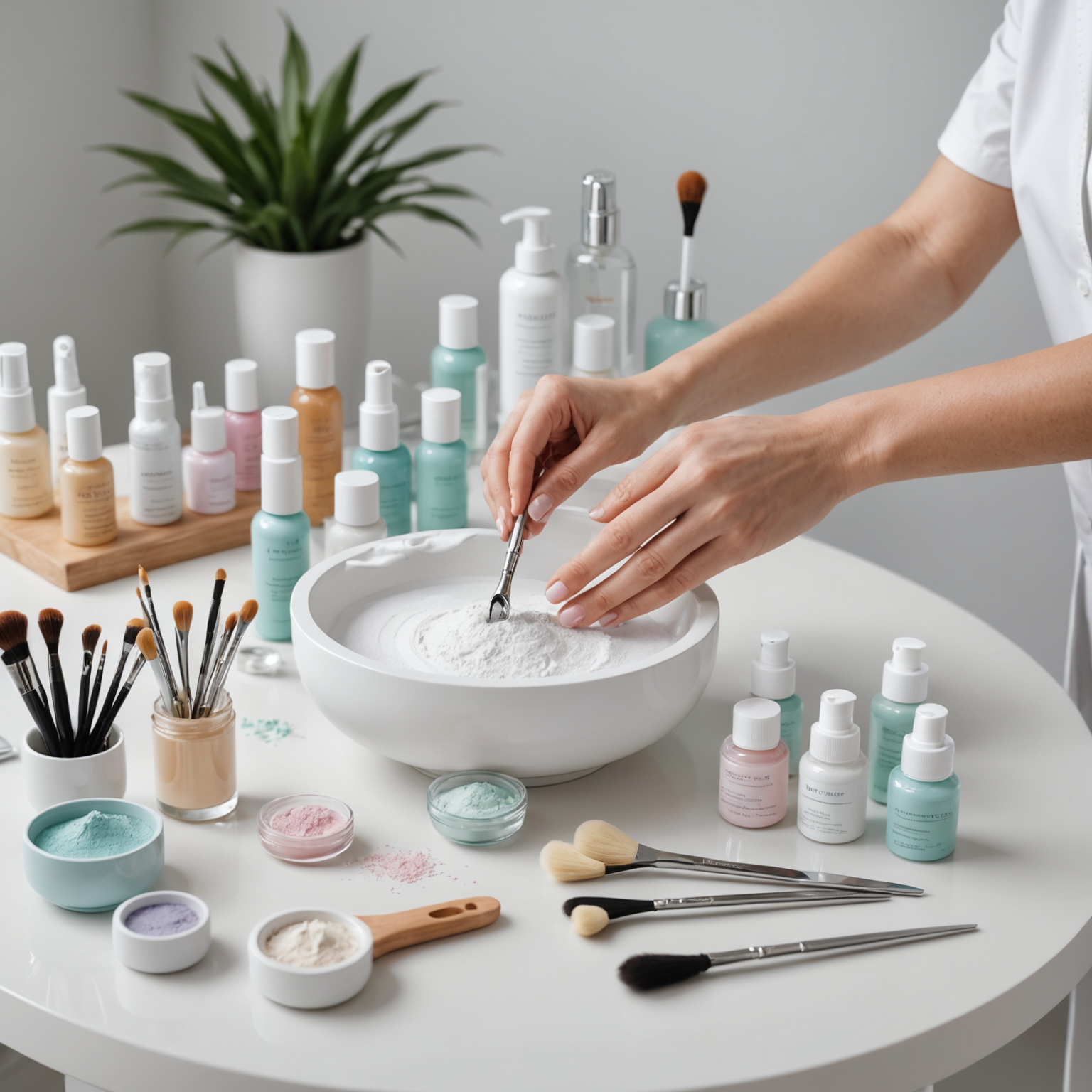 A serene skincare clinic setting with an esthetician's hands preparing sterile tools