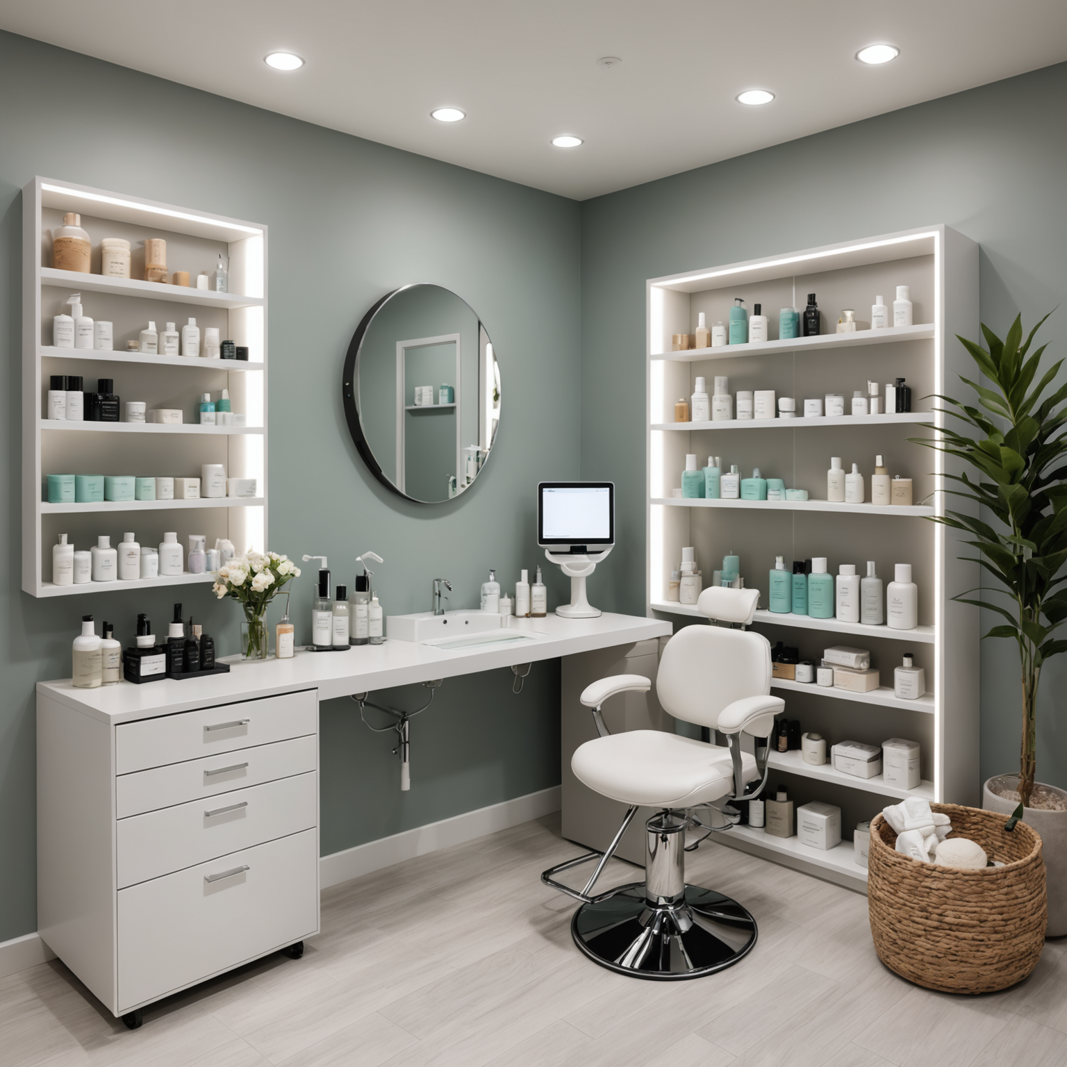 A serene cosmetic clinic treatment room with esthetician tools and skincare textures neatly arranged.