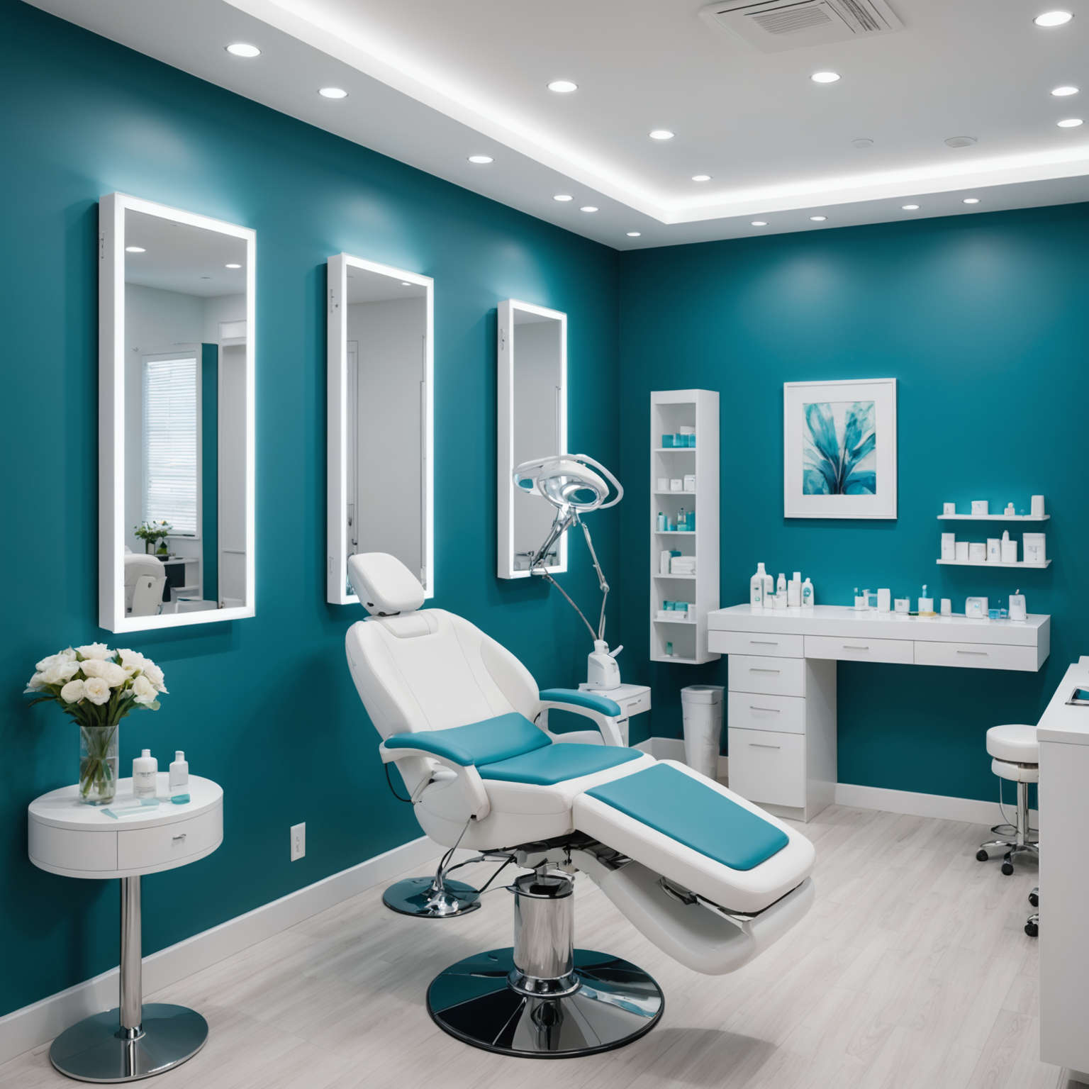 A serene cosmetic clinic interior with an esthetician preparing for a cheek filler procedure.