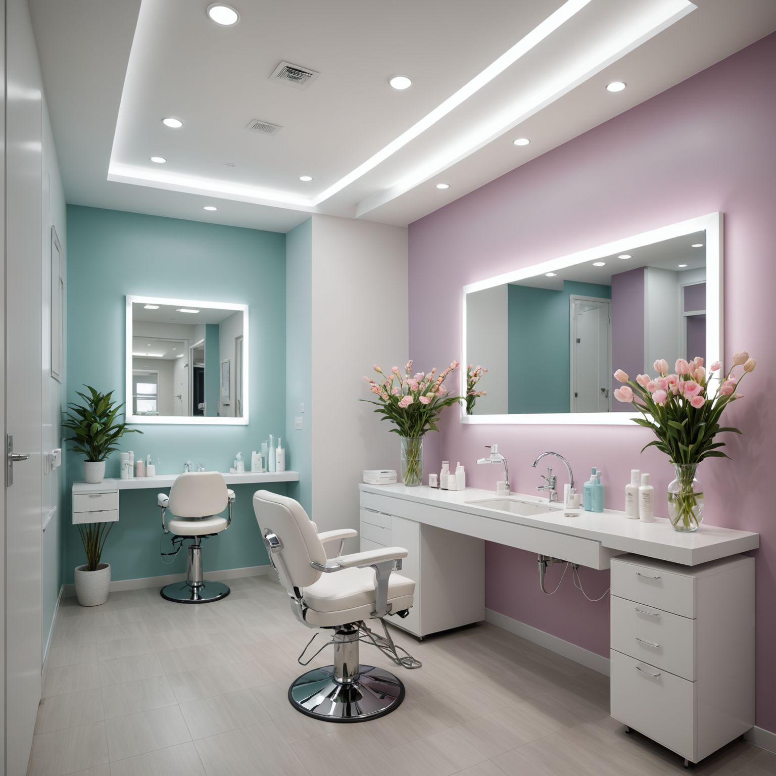 A well-lit cosmetic clinic room with treatment tools neatly arranged