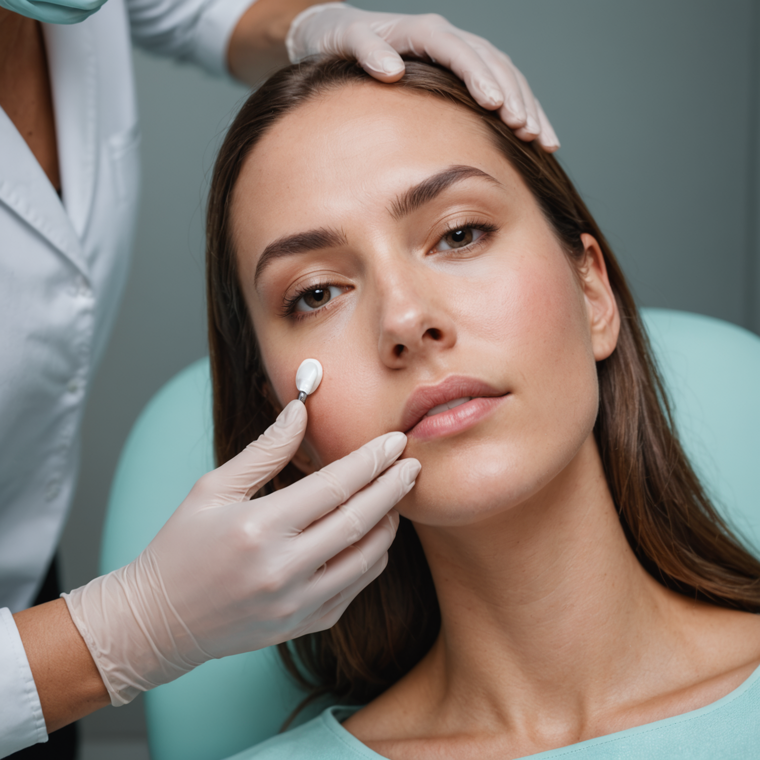 close-up of gloved hands gently applying serum to a client's cheek in a bright, modern treatment room