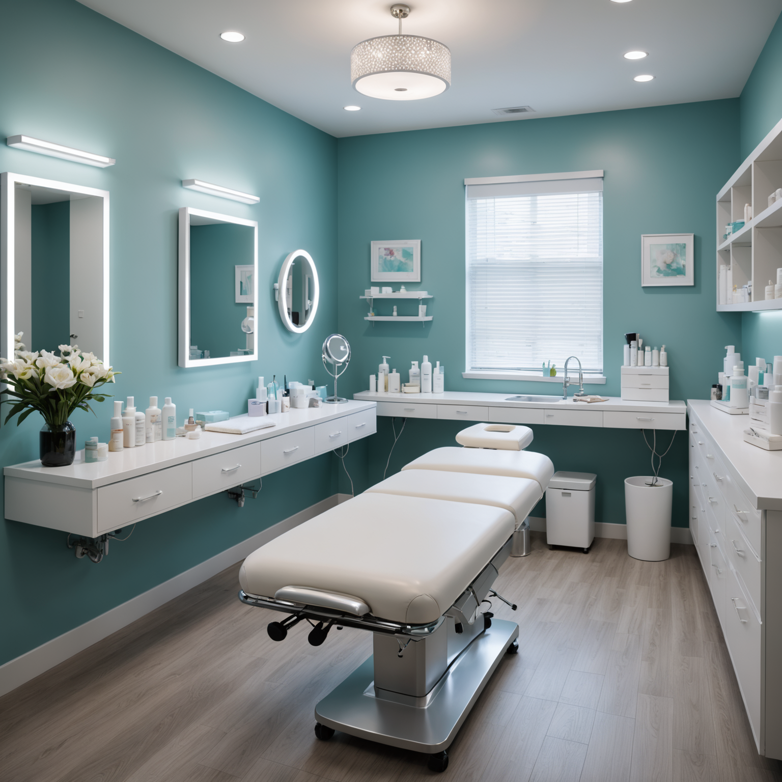 A serene, well-lit cosmetic clinic room, showcasing esthetician tools on a sterile table.