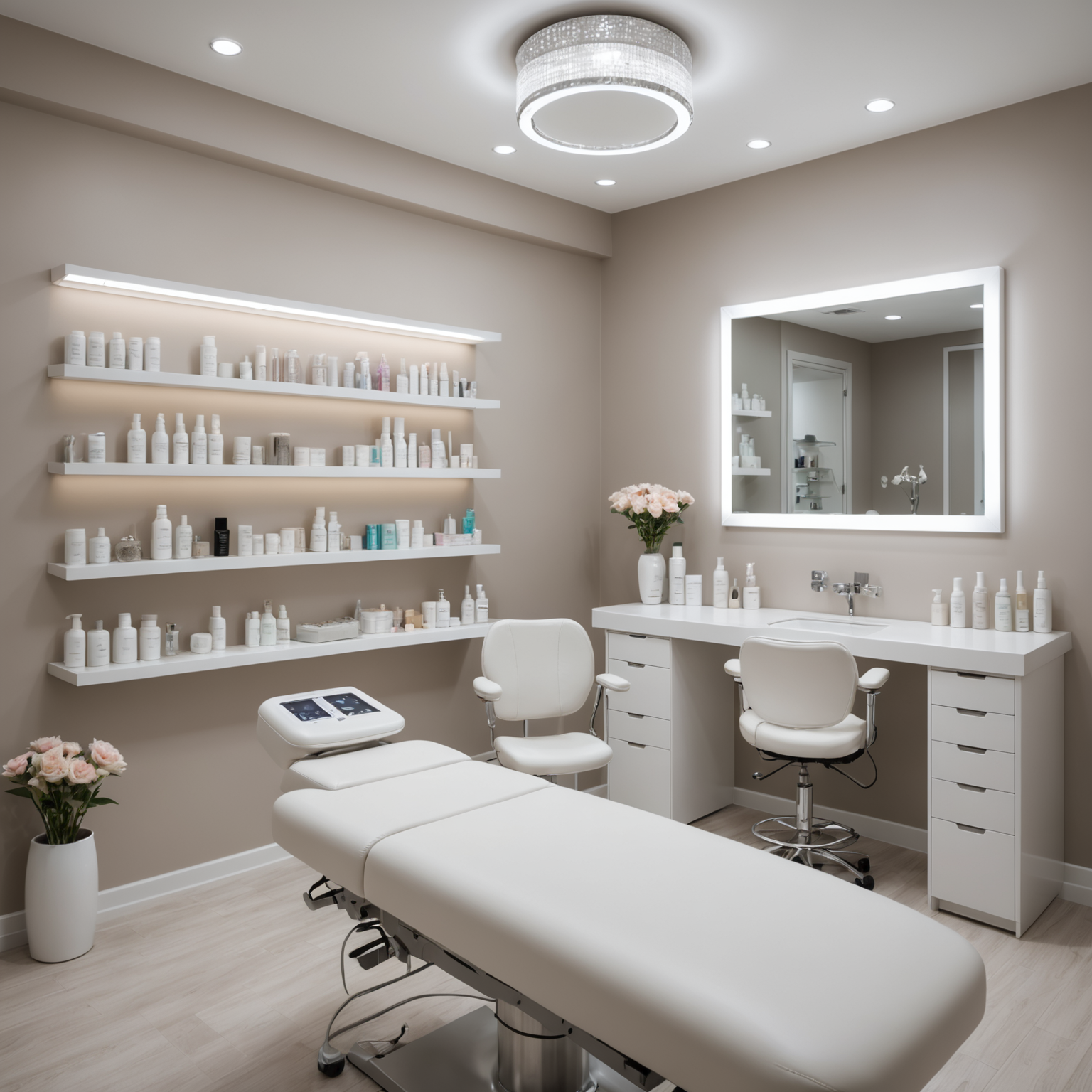 A serene cosmetic clinic treatment room with esthetician hands preparing Botox tools