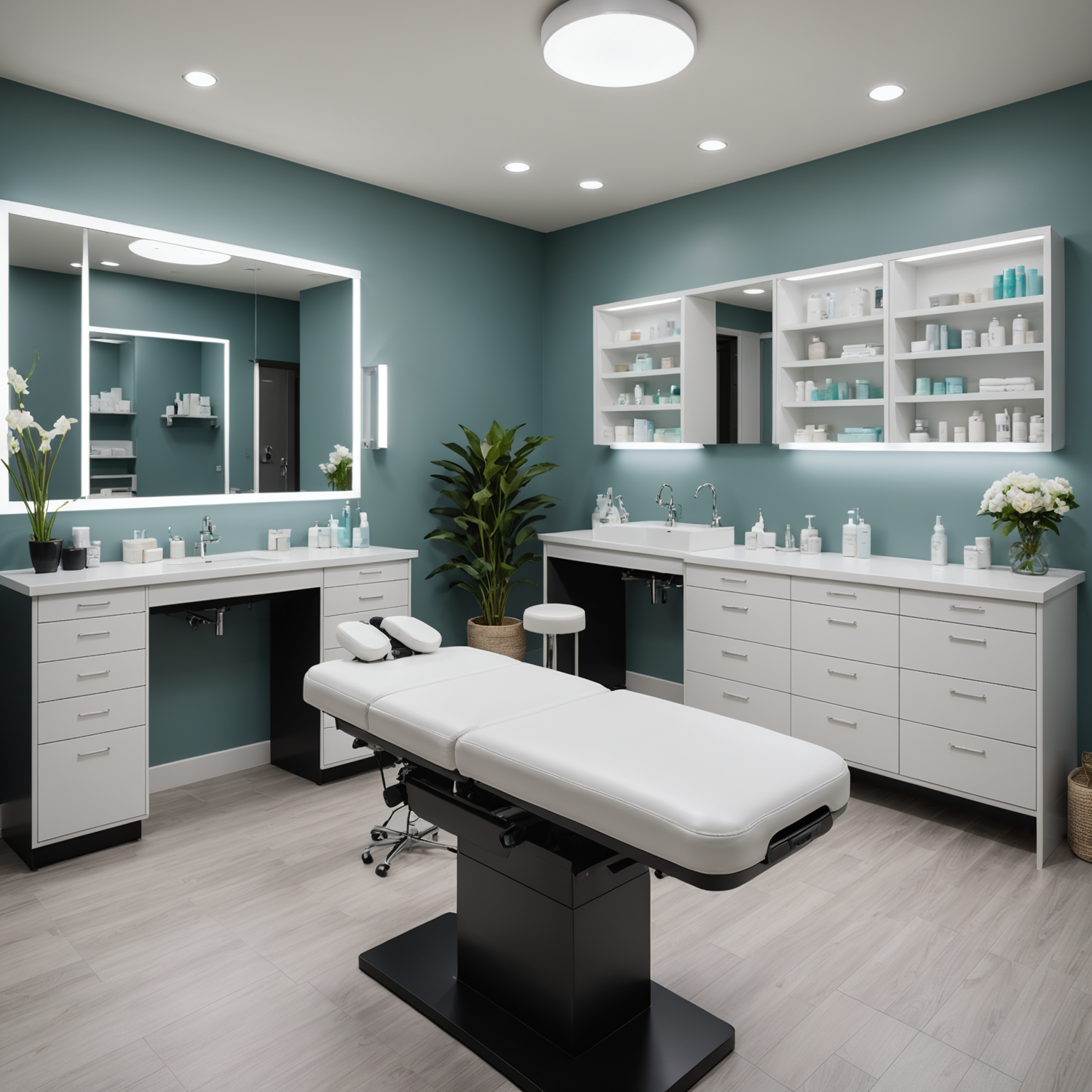 A serene cosmetic clinic treatment room with soft lighting and esthetician tools neatly arranged.
