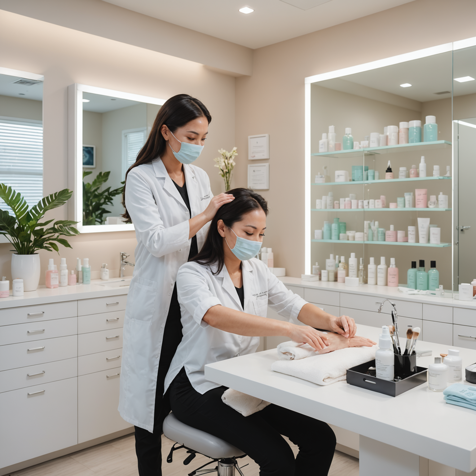 A serene cosmetic clinic with a treatment room, esthetician hands applying skincare, and sterile tools neatly arranged.
