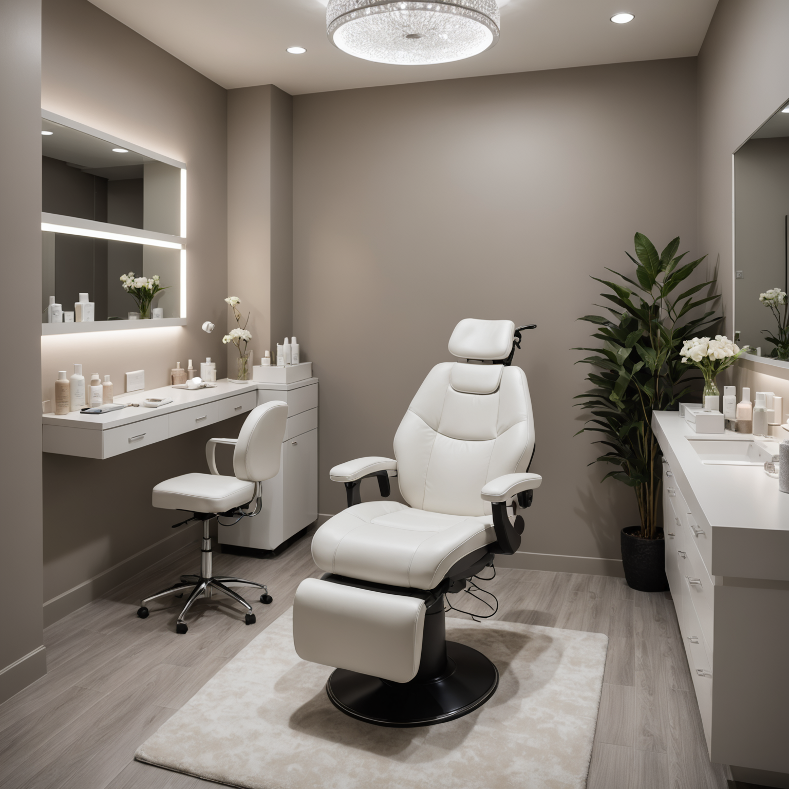 A serene cosmetic clinic treatment room with a comfortable chair, soft lighting, and esthetician tools neatly arranged.