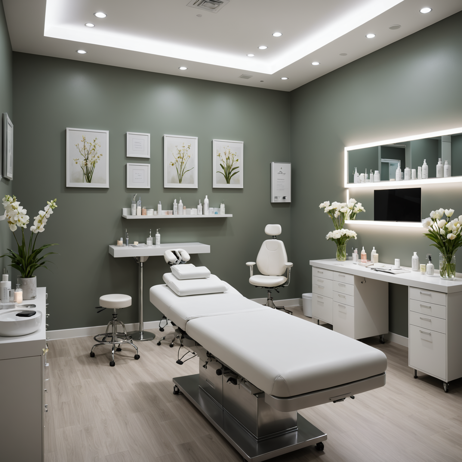 A calming cosmetic-clinic treatment room with an esthetician preparing tools