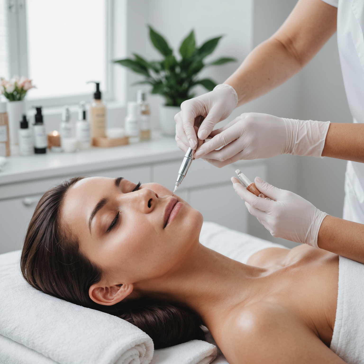 A serene cosmetic clinic with an esthetician's hands gently applying a skin treatment in a well-lit, calming treatment room.