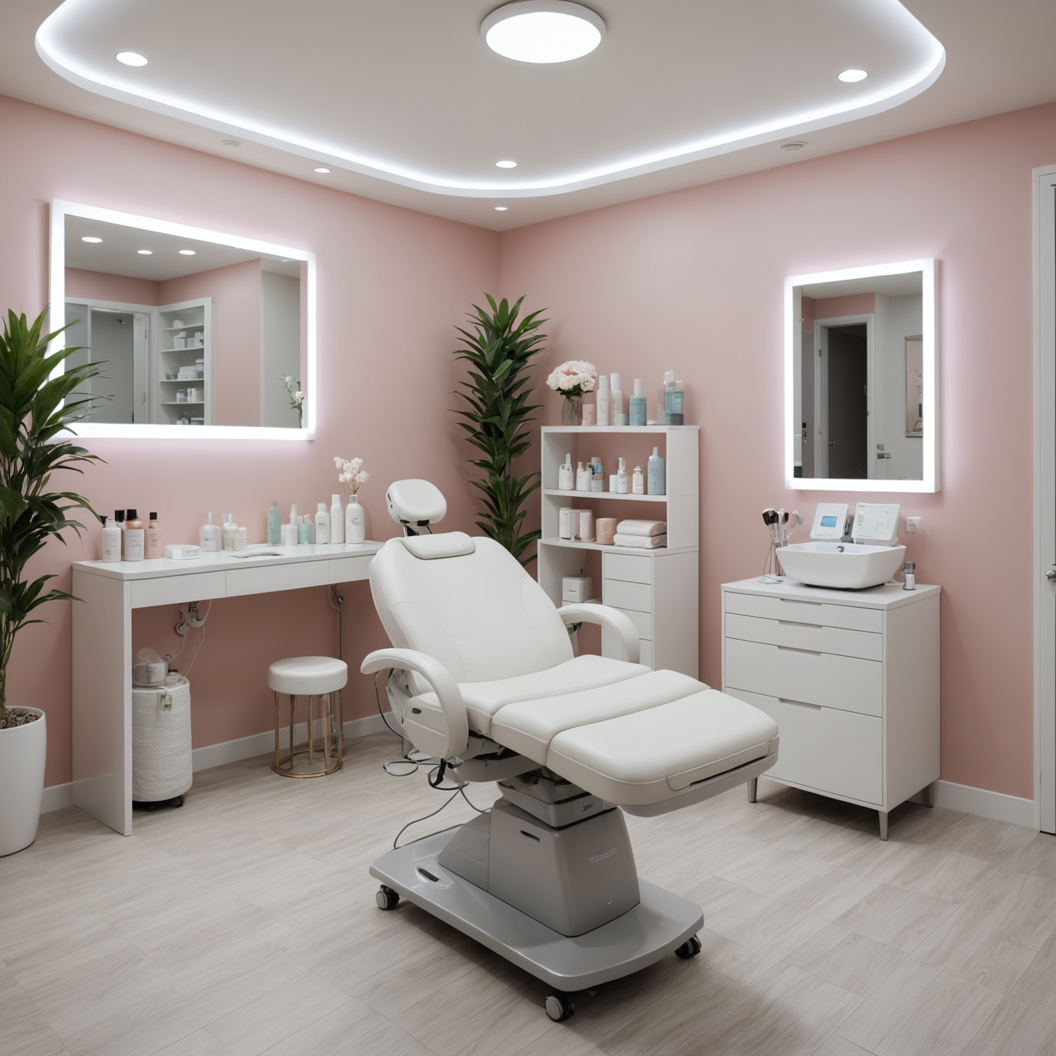 A serene cosmetic clinic treatment room with an esthetician's hands preparing for a Fraxel laser session