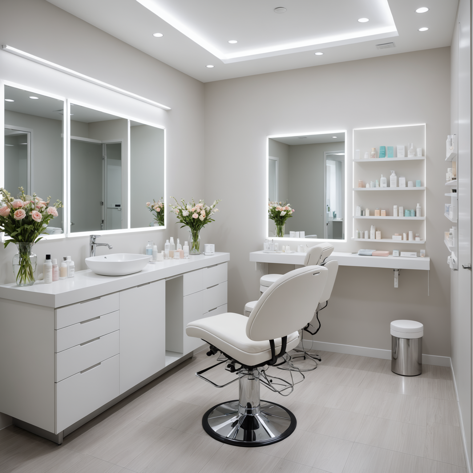 A serene cosmetic clinic treatment room with sterile tools and skincare textures