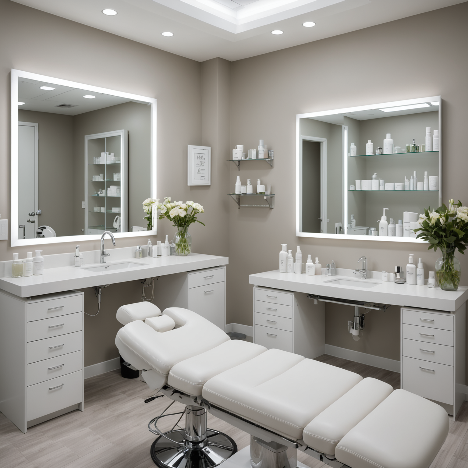 A serene cosmetic-clinic room with esthetician tools neatly arranged