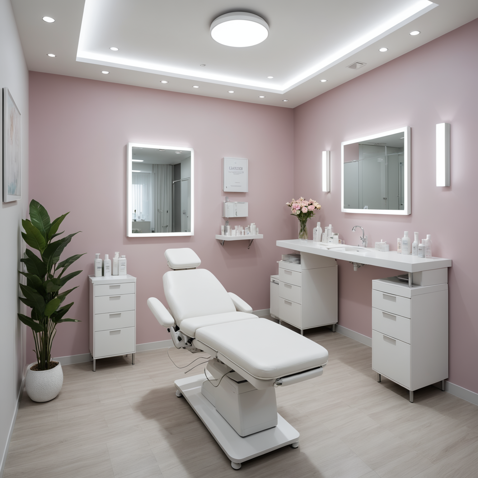 A serene cosmetic clinic interior with a sterile treatment room setup