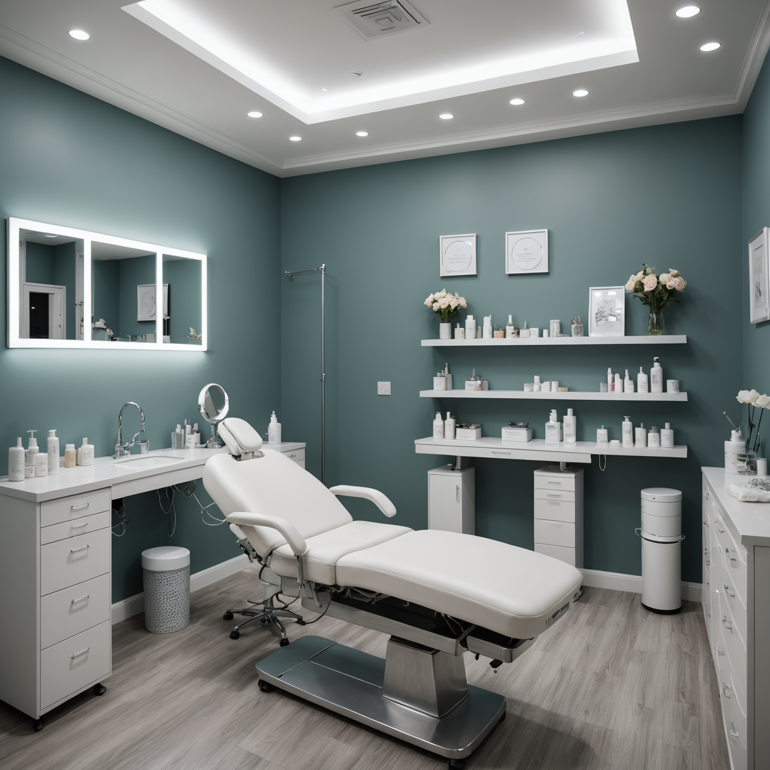 A serene cosmetic clinic room with an esthetician preparing tools