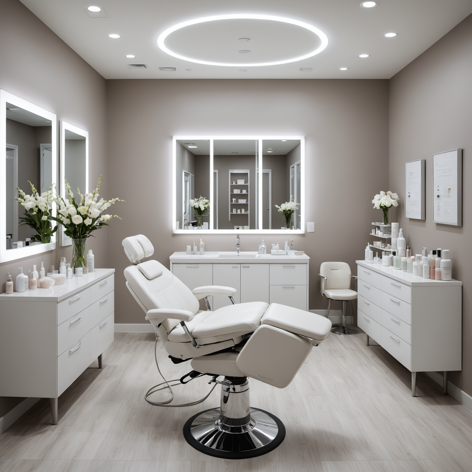 A serene cosmetic clinic treatment room with esthetician tools and skincare textures