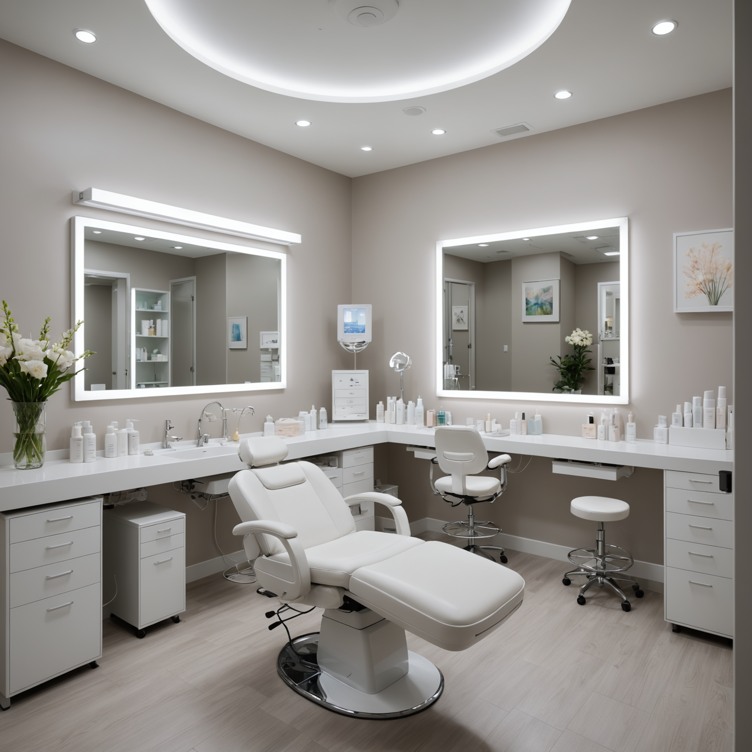 A serene, well-lit cosmetic treatment room showcasing sterile tools and calming interiors, ready for a procedure.