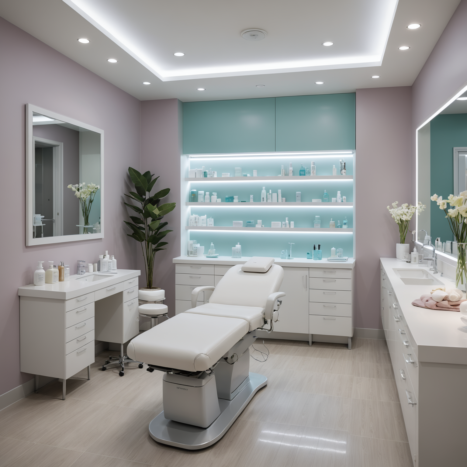A serene cosmetic clinic room with neatly arranged sterile tools and an inviting spa-like interior.