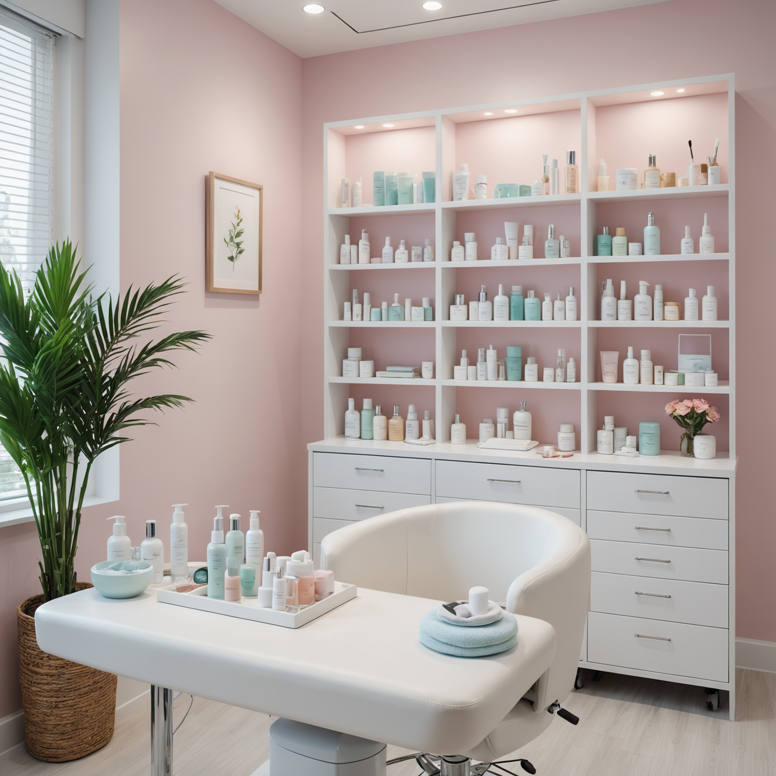A serene cosmetic-clinic treatment room with an esthetician's hands delicately handling skincare tools