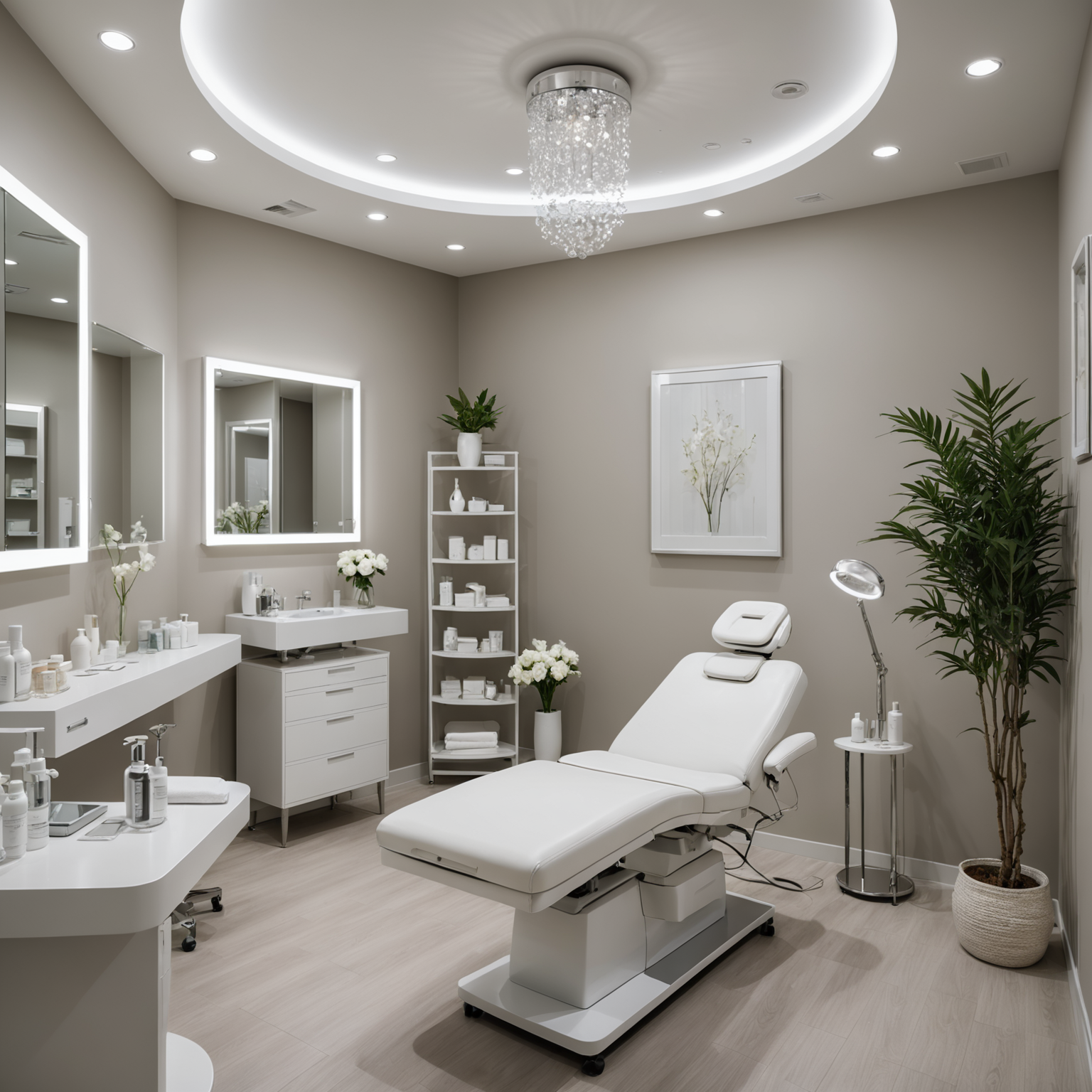 A serene cosmetic clinic interior showcasing a treatment room with sterile tools and skincare textures