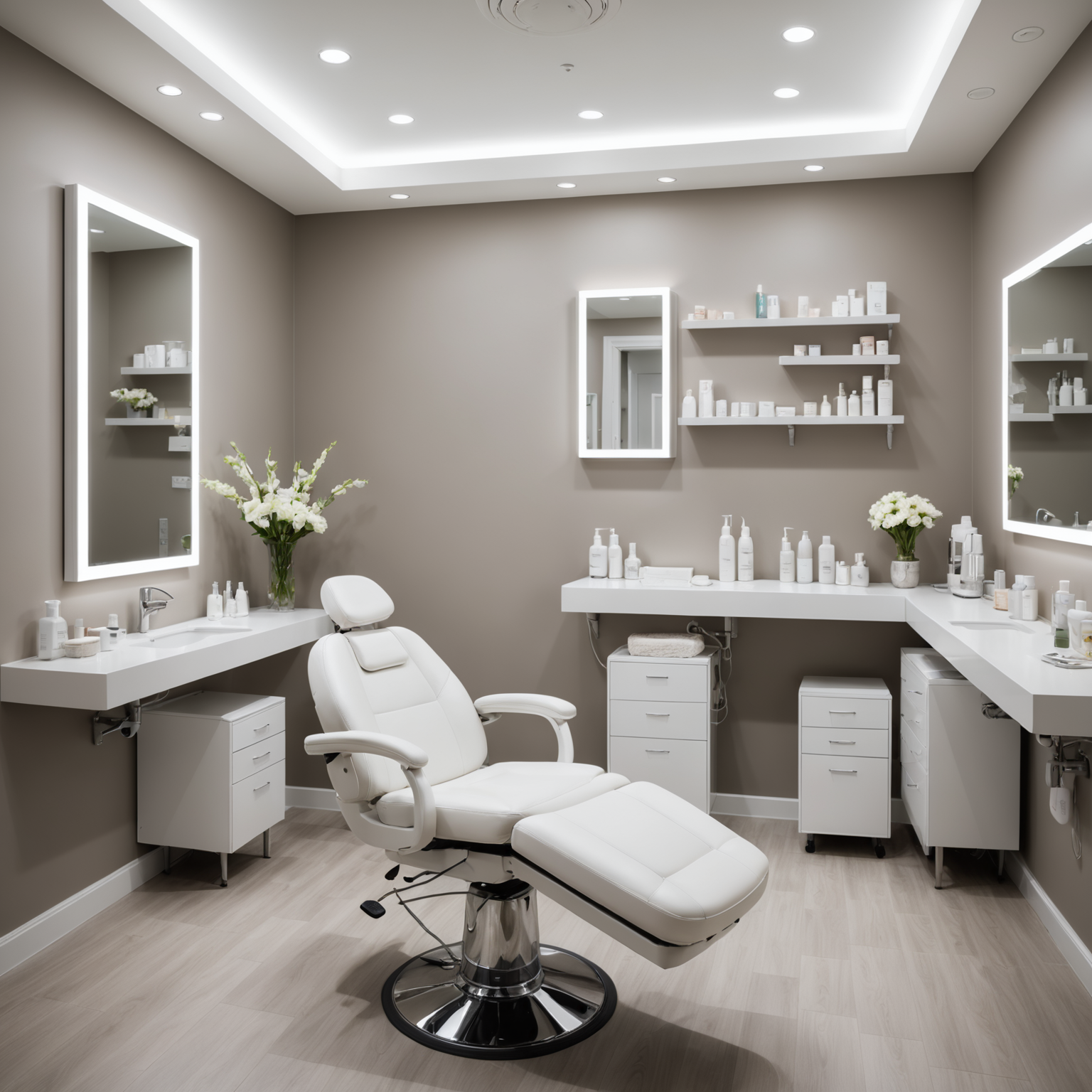 A serene cosmetic clinic treatment room with esthetician tools