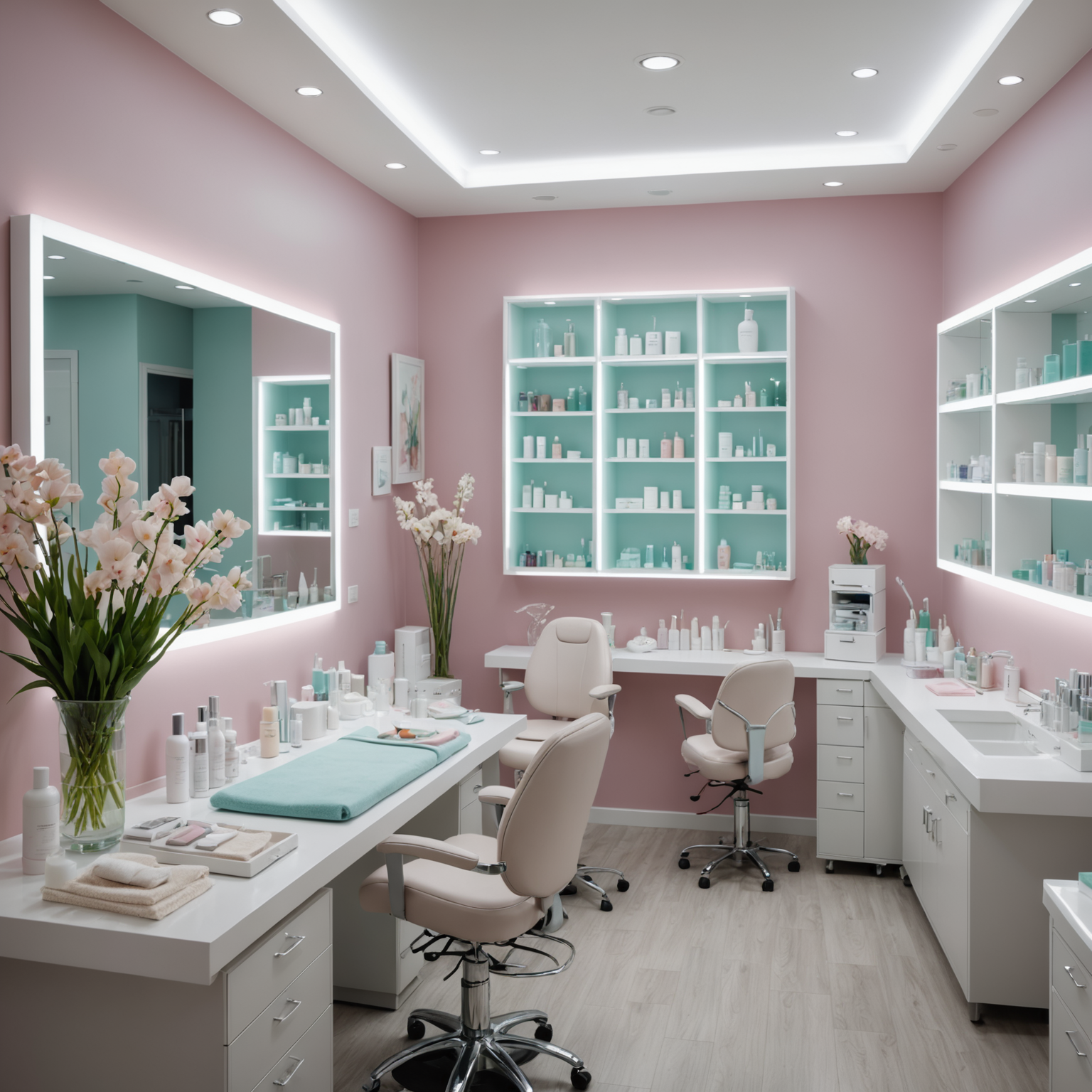 A serene cosmetic clinic room featuring an esthetician's hands preparing sterile tools for a procedure.